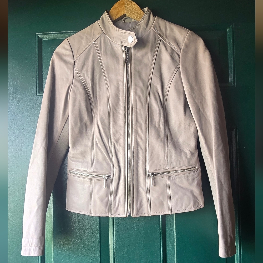 Michael Kors Leather Jacket Light Pearl Gray Glove Soft XS $450